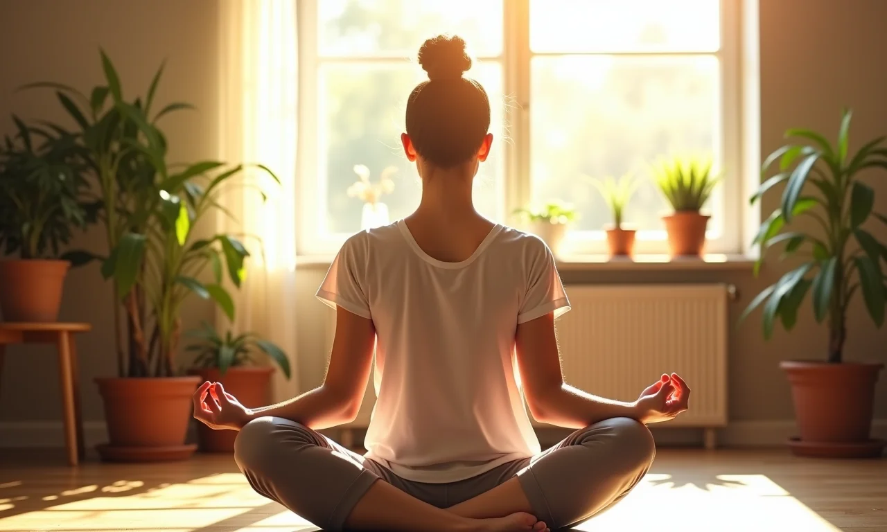 Mulher meditando em sala iluminada, foco e concentração.
