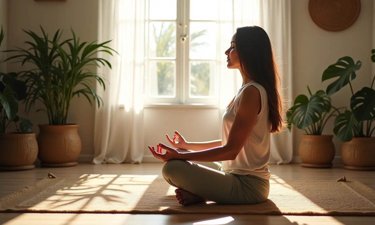 Mulher meditando em um ambiente calmo para manter a sanidade.