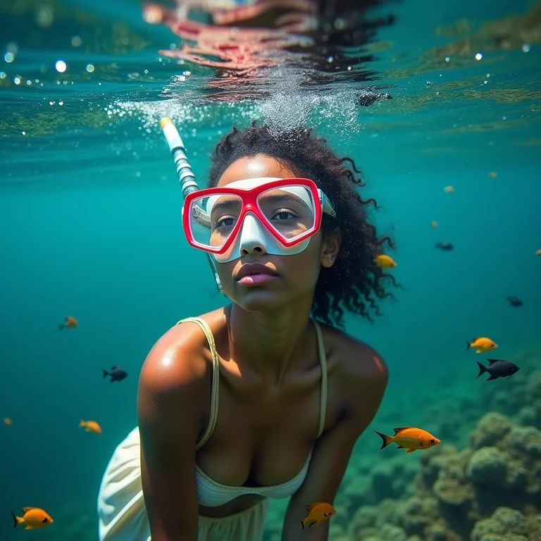 Mulher mergulhando em Fernando de Noronha com peixes coloridos