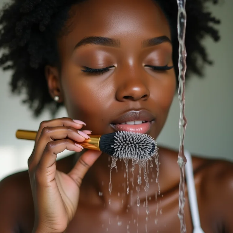 Mulher mid-size de pele morena limpando um pincel de maquiagem sintético sob água corrente.