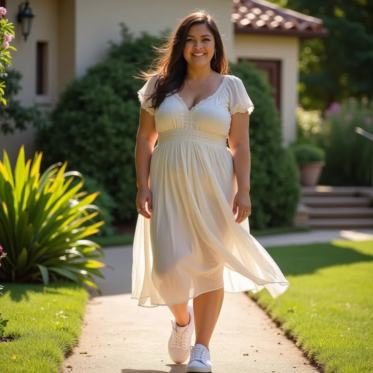 Mulher mid-size usando vestido leve e tênis branco em um jardim.
