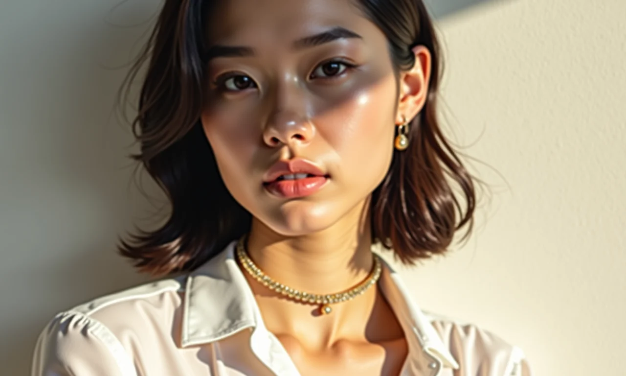 Mulher minimalista com choker dourada, elegância discreta em close-up.