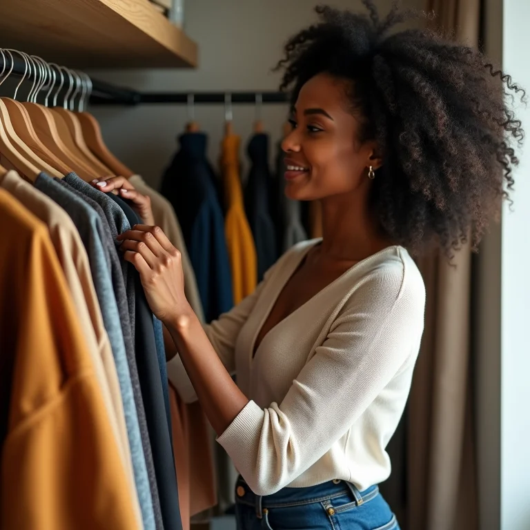 Mulher misturando e combinando peças de roupa com cuidado