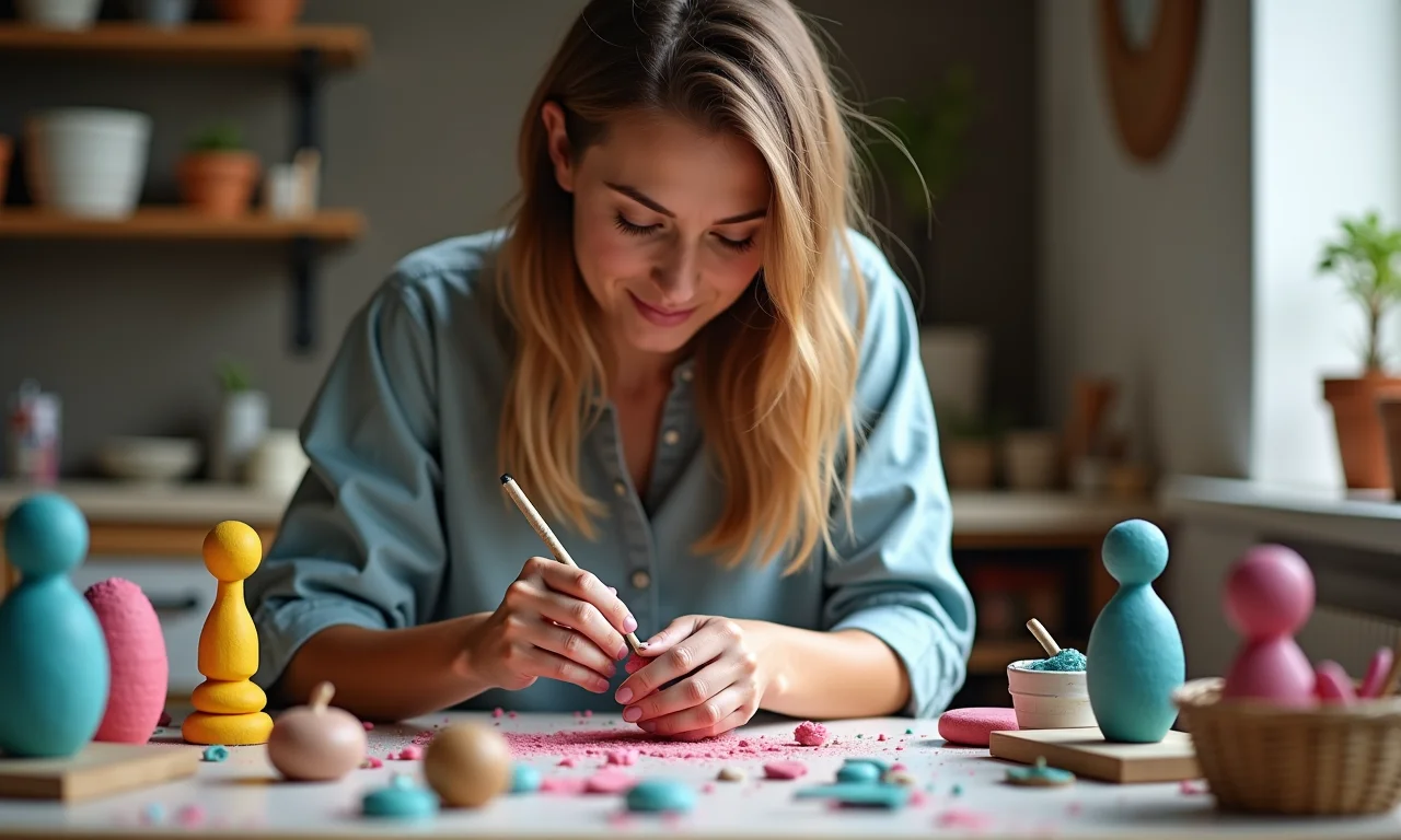 Mulher modelando esculturas de massinha em um workshop de arte.