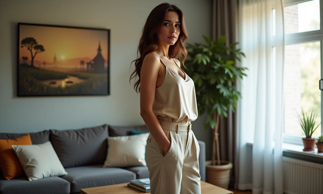 Mulher moderna e sofisticada com calça de alfaiataria e regata de cetim em apartamento estiloso.