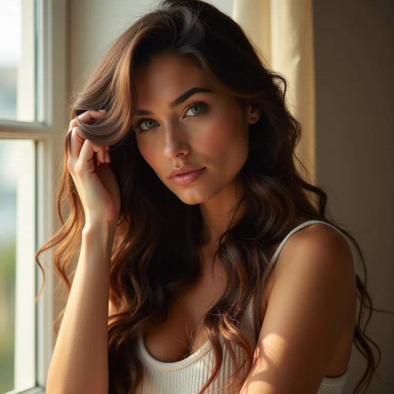 Mulher morena analisando a saúde do cabelo