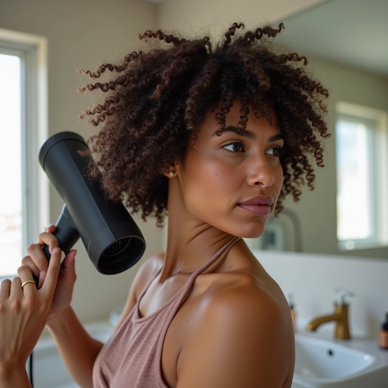 Mulher morena usando um difusor turbinado para dar volume instantâneo ao cabelo cacheado curto.
