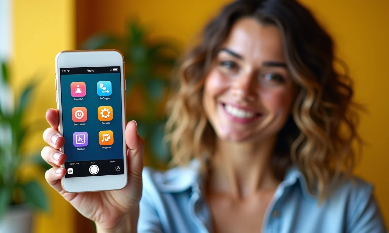 Mulher mostrando ícones de apps de edição de fotos gratuitos no celular.