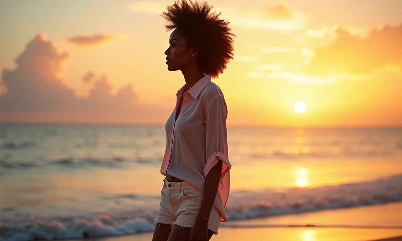 Mulher na praia com blusa de seda e shorts.