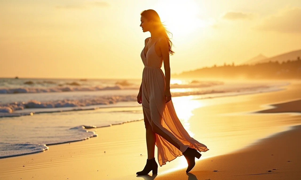 Mulher na praia com vestido longo e bota de cano curto.