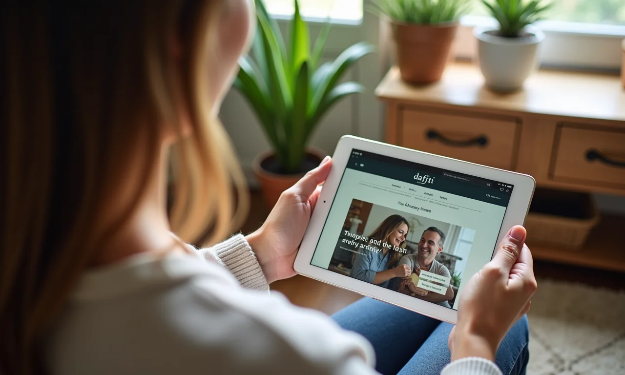 Mulher navegando no site da Dafiti em tablet, com decoração aconchegante em estilo Farm Rio.