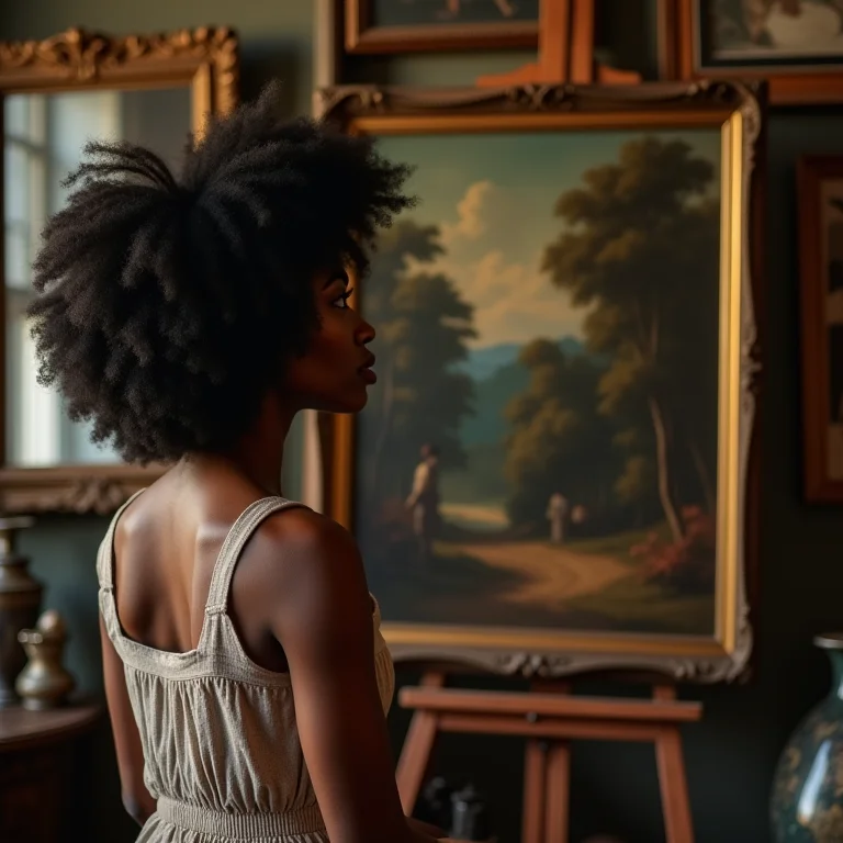 Mulher negra admirando pintura vintage em loja de antiguidades