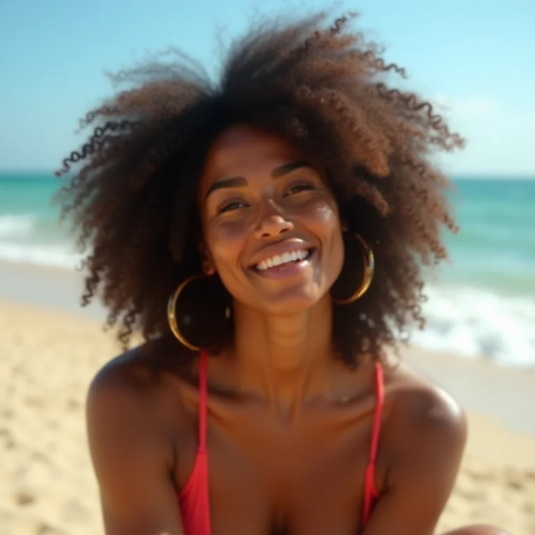 Mulher negra aplicando leave-in com proteção solar no cabelo.