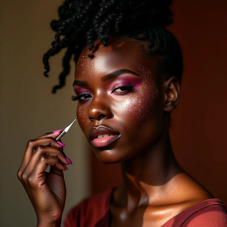 Mulher negra aplicando maquiagem com glitter para o carnaval de Trinidad e Tobago