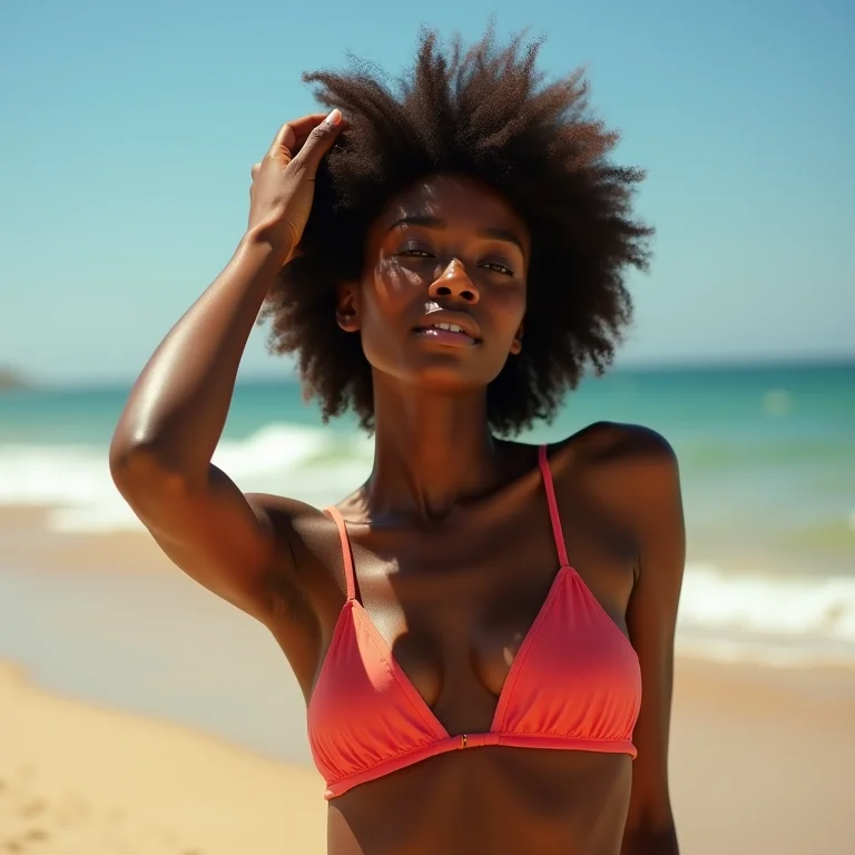 Mulher negra aplicando protetor solar capilar na praia para proteger os fios do sol.