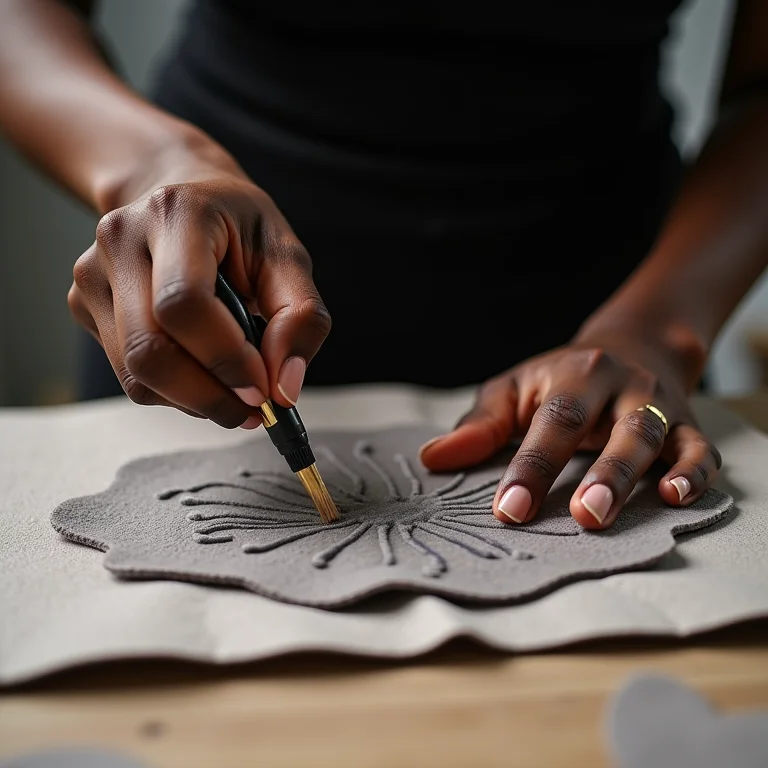Mulher negra aplicando tinta dimensional em feltro.