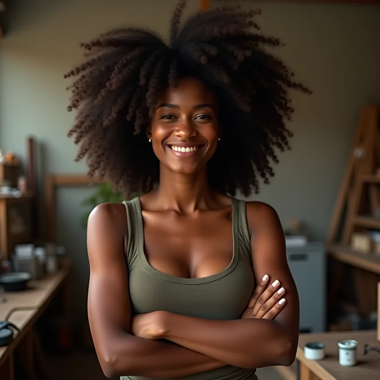 Mulher negra balançando a cabeça com os braços cruzados