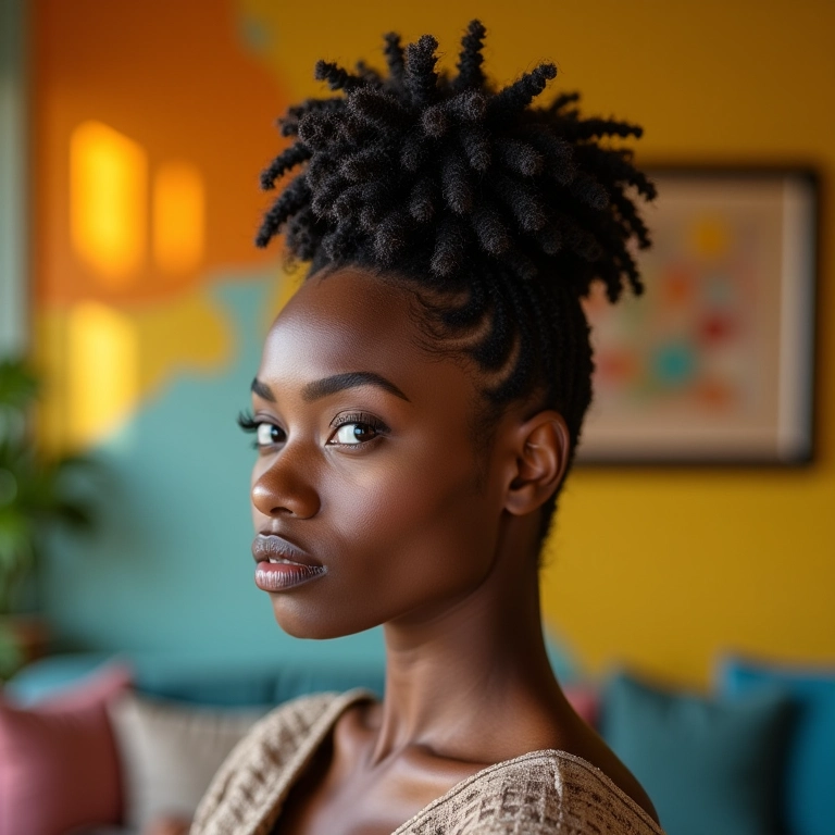 Mulher negra com cabelo cacheado curto em um moderno coque abacaxi.