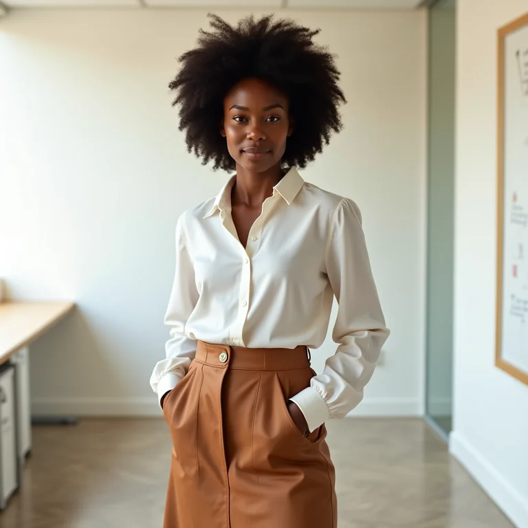 Mulher negra com cabelo natural usando saia midi e blusa em um escritório minimalista.
