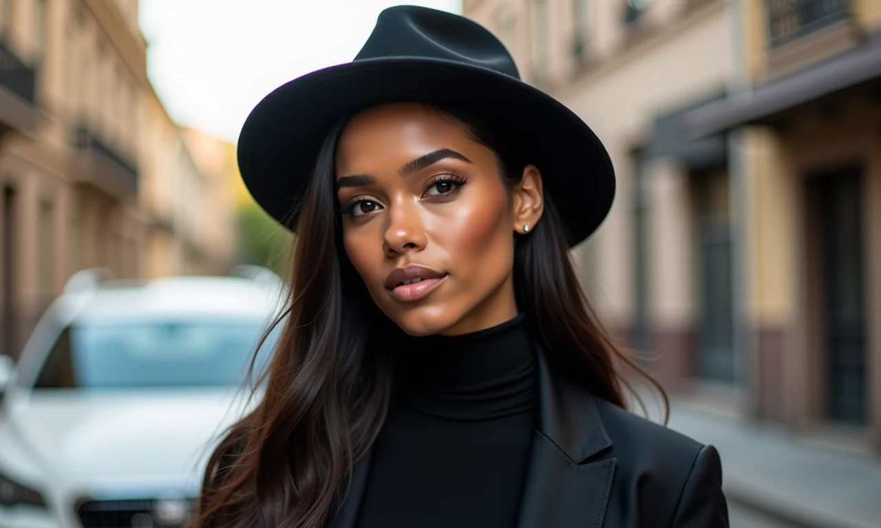 Mulher negra com gola alta preta e chapéu estiloso em um cenário urbano.