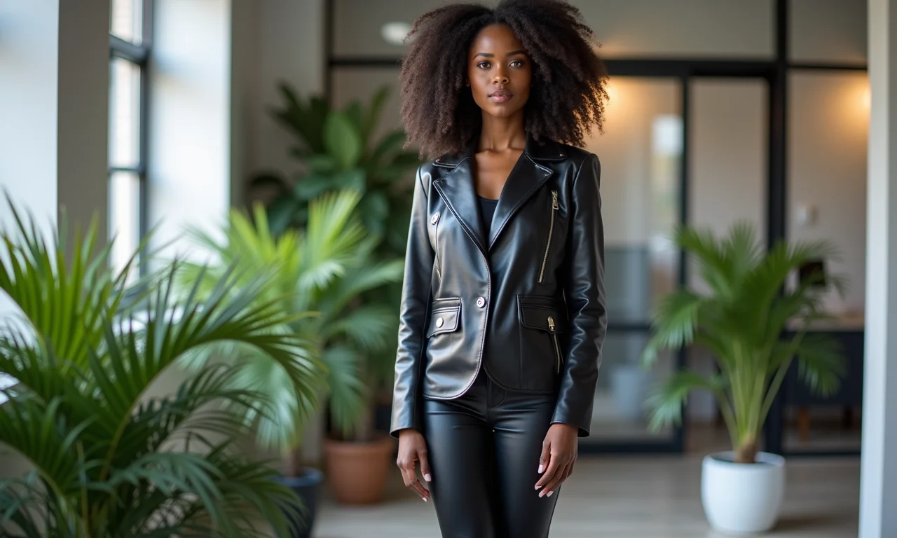 Mulher negra com jaqueta de couro, calça de alfaiataria e salto alto em escritório.