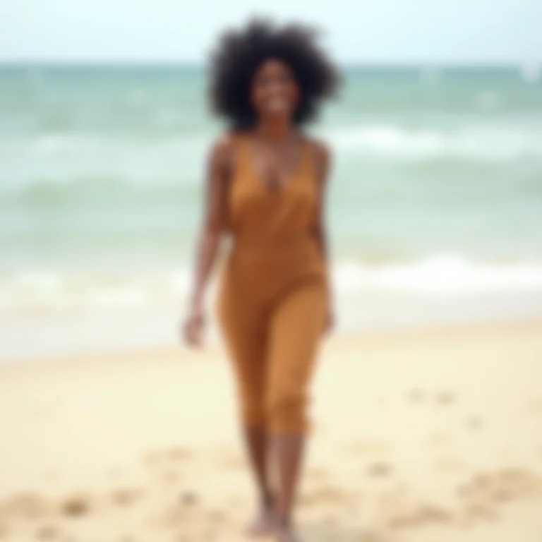 Mulher negra com macacão e sandália na praia