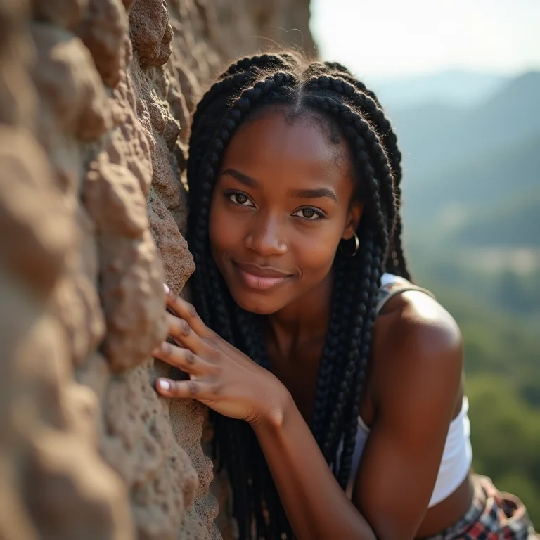 Mulher negra com tranças escalando uma parede de rocha com confiança.