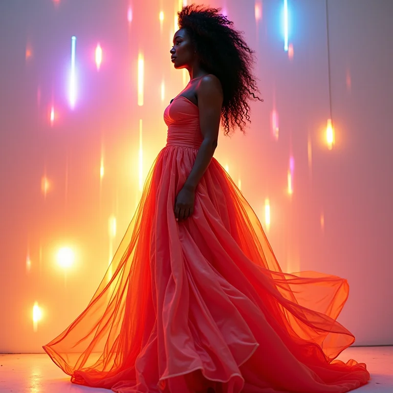 Mulher negra com vestido digital exuberante no metaverso