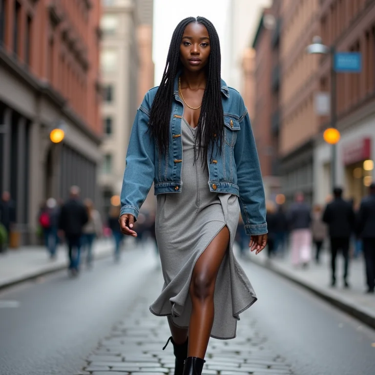 Mulher negra com vestido midi, jaqueta jeans e bota