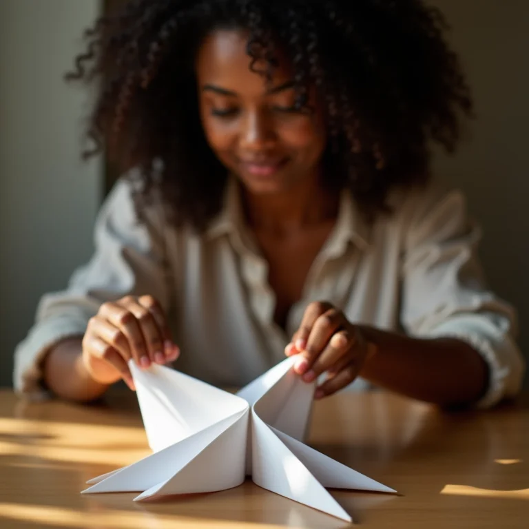 Mulher negra concentrada dobrando papel de origami.