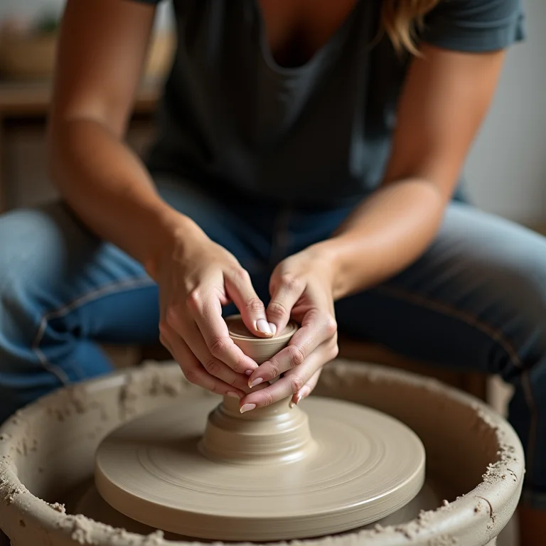 Mulher negra concentrada em aula de cerâmica, moldando argila.