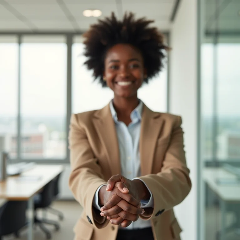 Mulher negra confiante apertando a mão de alguém, representando a primeira impressão