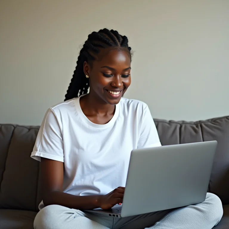 Mulher negra confortável de moletom trabalhando em casa