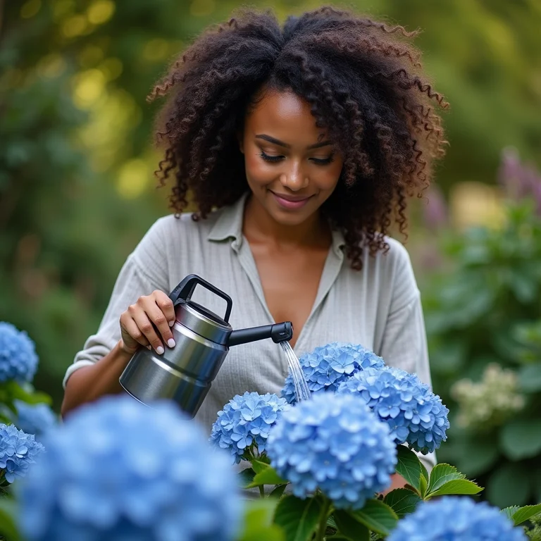 Mulher negra cuidando de hortênsias azuis no jardim.