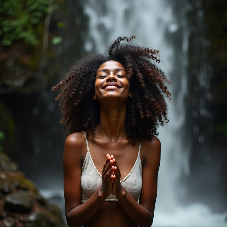 Mulher negra de cabelos cacheados meditando sob uma cachoeira