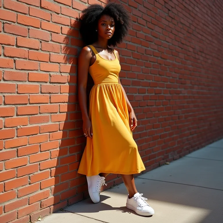 Mulher negra de vestido midi e tênis encostada na parede