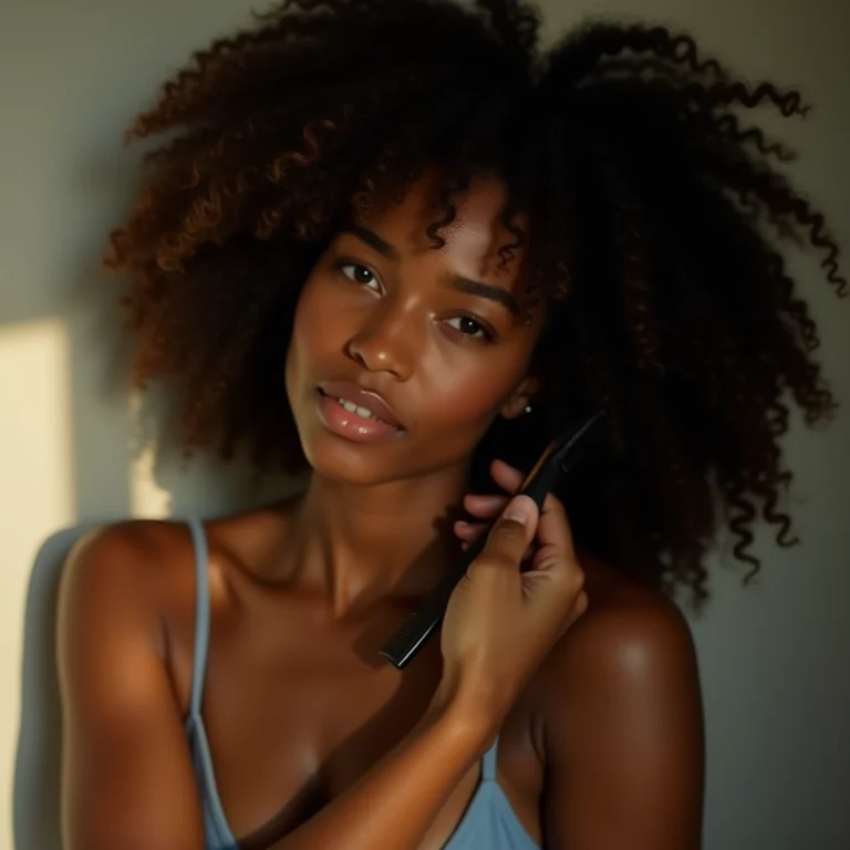 Mulher negra desembaraçando o cabelo crespo após usar condicionador sólido.