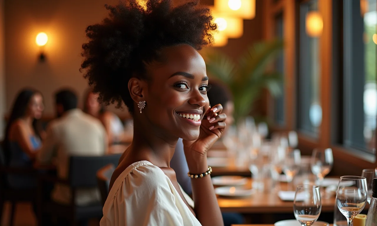 Mulher negra elegante com calças de tecido leve em jantar de bodas.