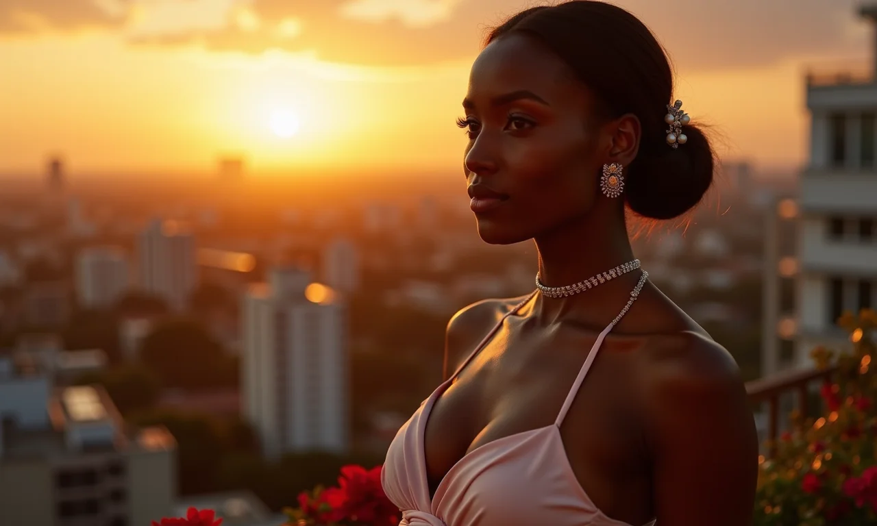 Mulher negra elegante usando slip dress em festa no terraço em São Paulo.