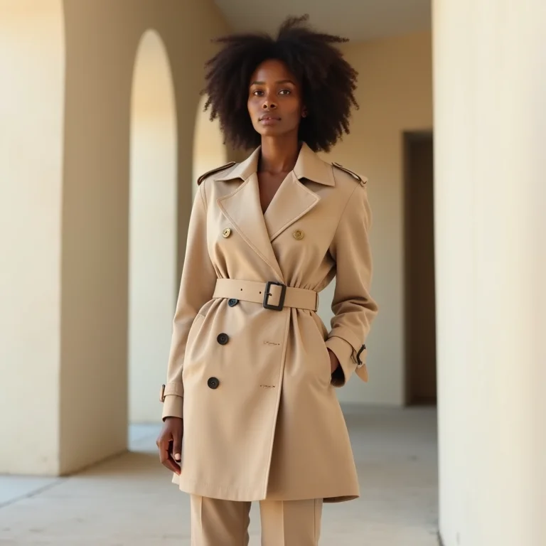 Mulher negra elegante vestindo tons neutros em um cenário minimalista