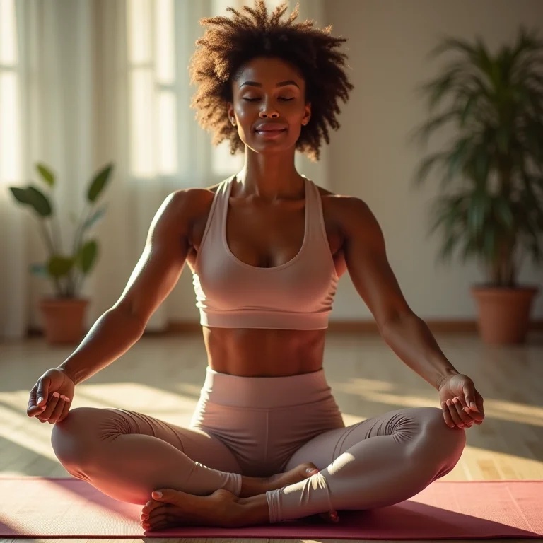 Mulher negra em roupa esportiva praticando yoga e bebendo água.