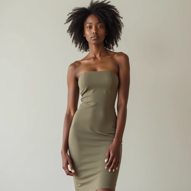 Mulher negra em um vestido tubinho minimalista.