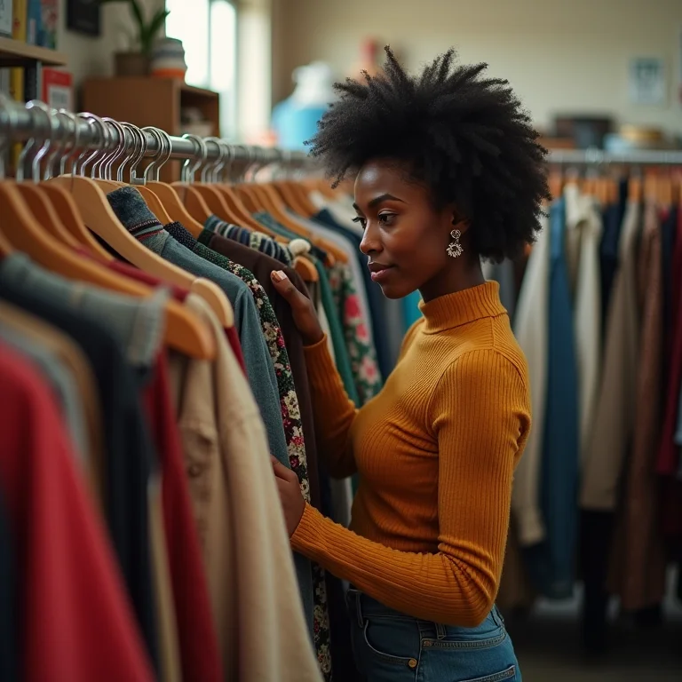 Mulher negra explorando araras de roupas vintage em um brechó bem organizado.