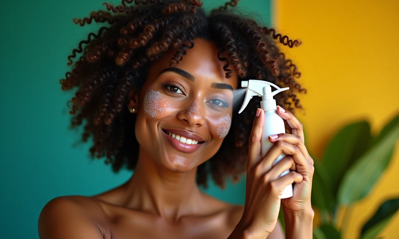 Mulher negra hidratando a pele com água termal.