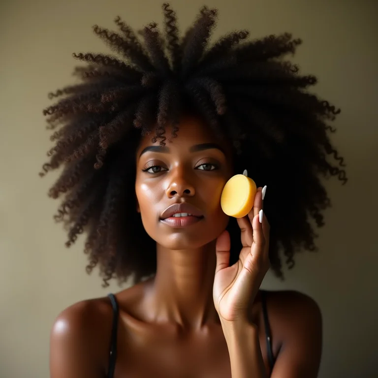Mulher negra lavando os cabelos cacheados com shampoo sólido