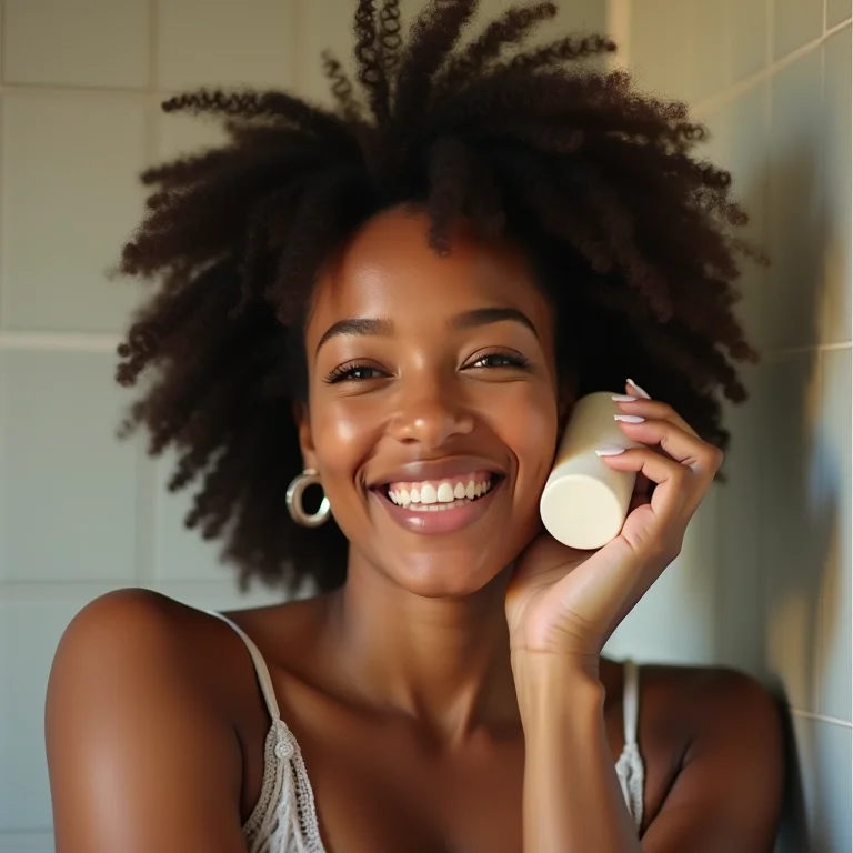 Mulher negra massageando o couro cabeludo com shampoo sólido