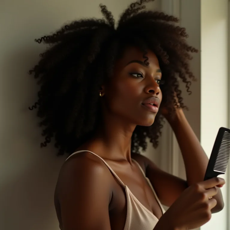 Mulher negra penteando cabelo com cuidado
