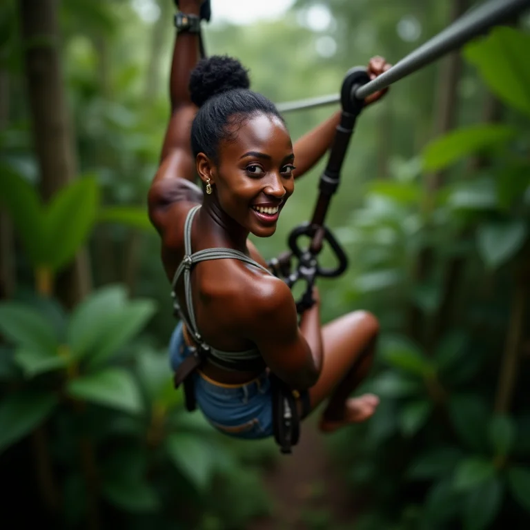 Mulher negra praticando tirolesa na Costa Rica.