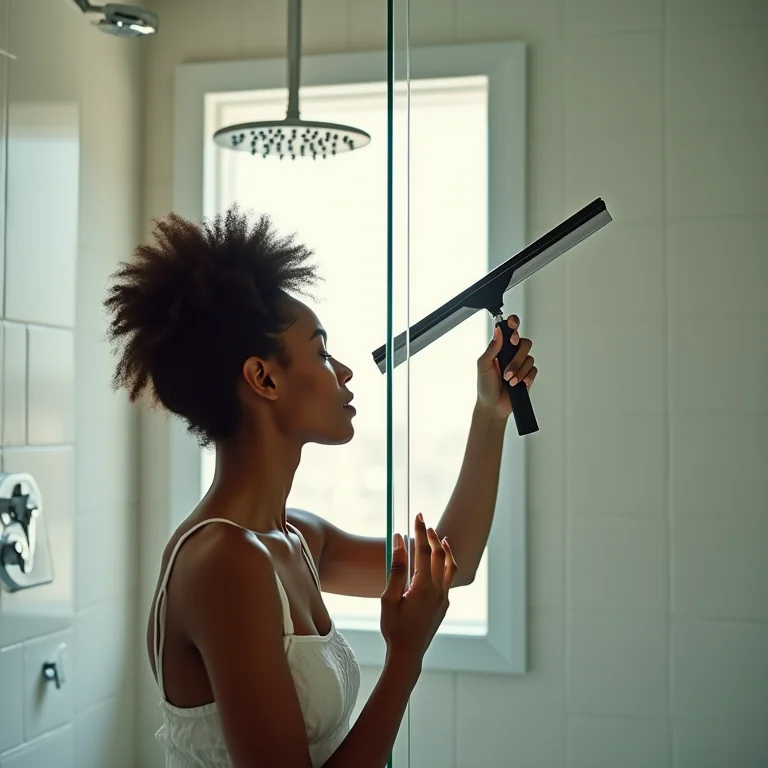 Mulher negra secando box do banheiro com rodo após o banho