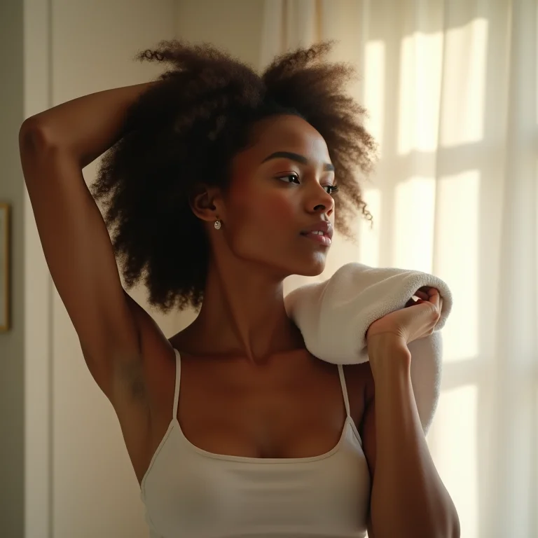 Mulher negra secando o cabelo com toalha